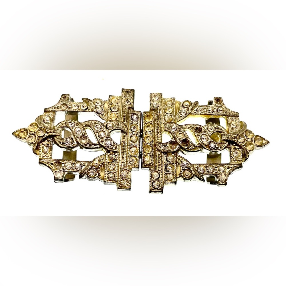 Vintage Art Deco Silver Tone Belt Buckle Faceted Crystals - Picture 2 of 5